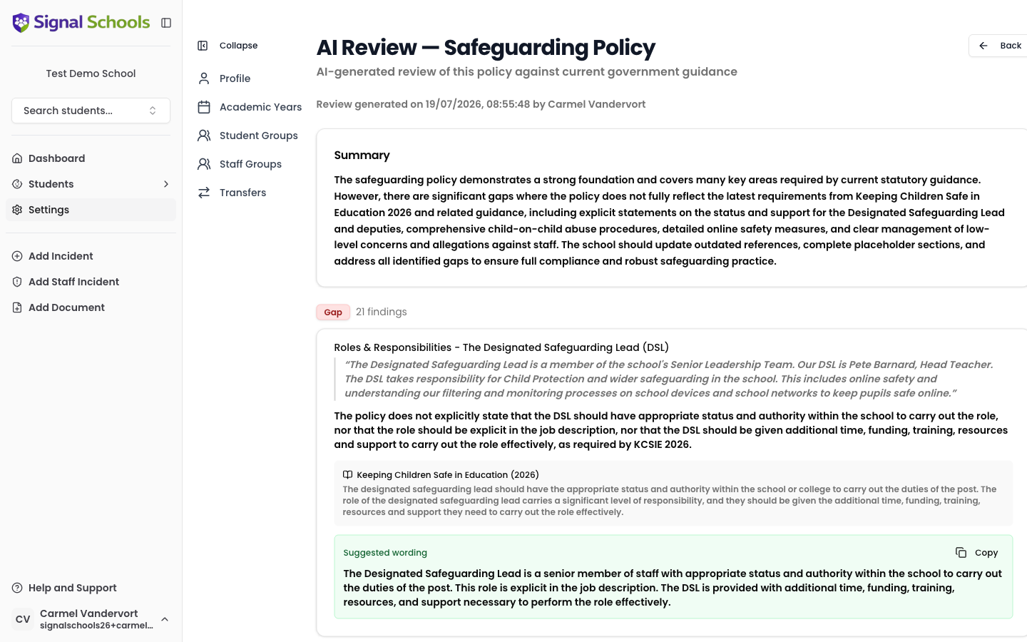 Signal AI policy review report showing findings with guidance citations and suggested wording