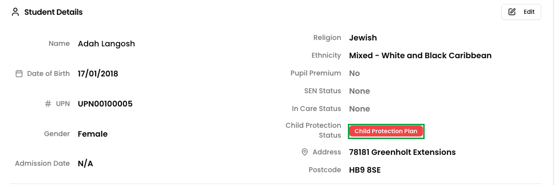 Signal student profile showing a child protection status badge