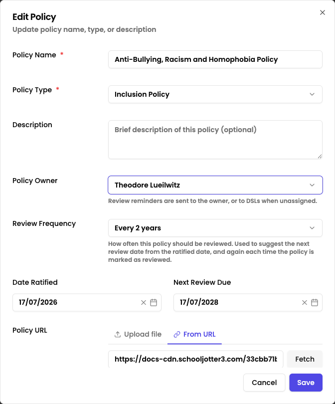 Signal policy list showing review due badges, owners and next review dates