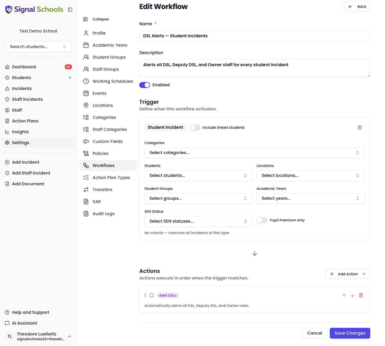 Signal workflow rule showing trigger criteria and the actions it performs