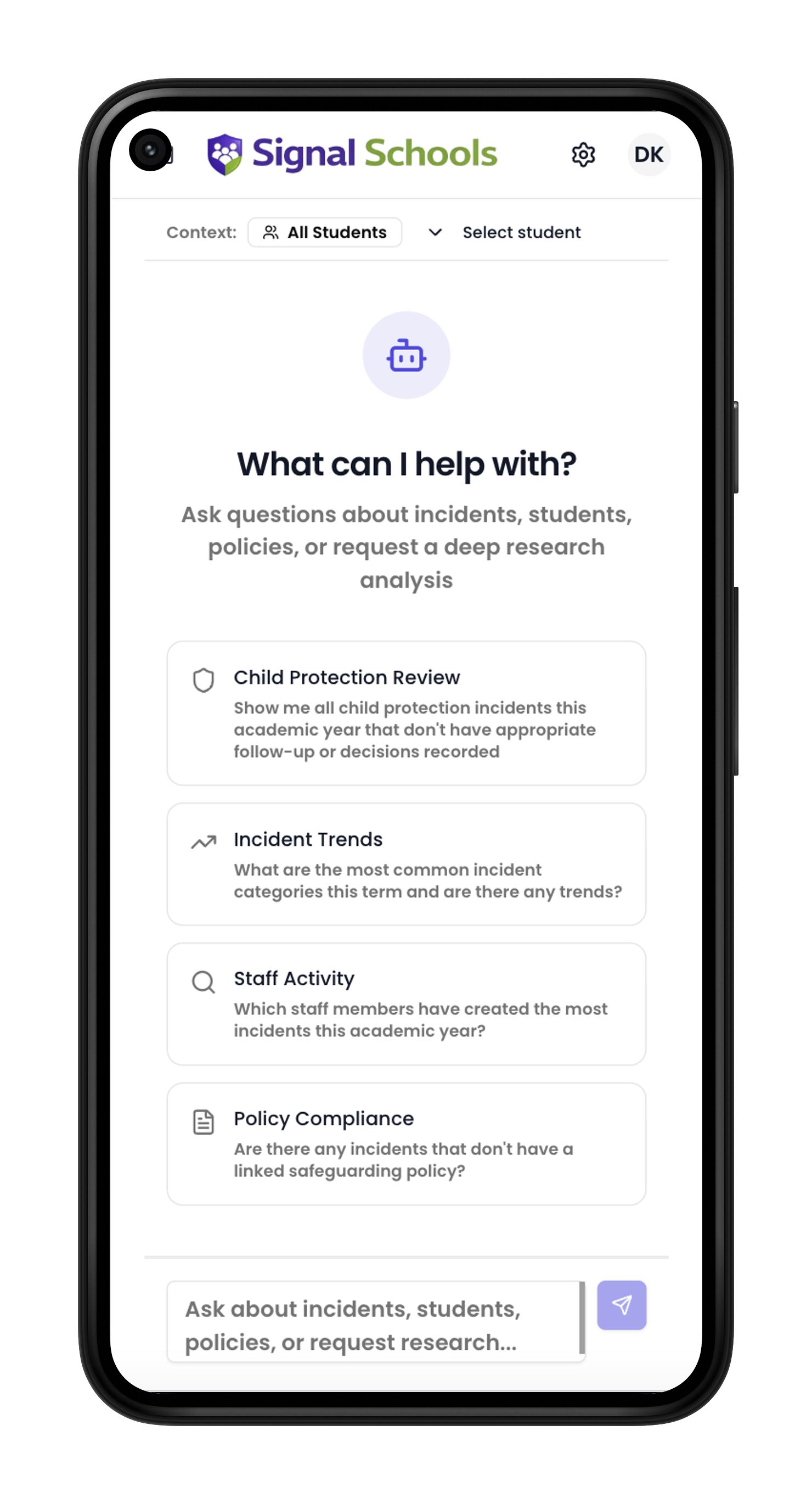 Signal AI assistant answering safeguarding questions