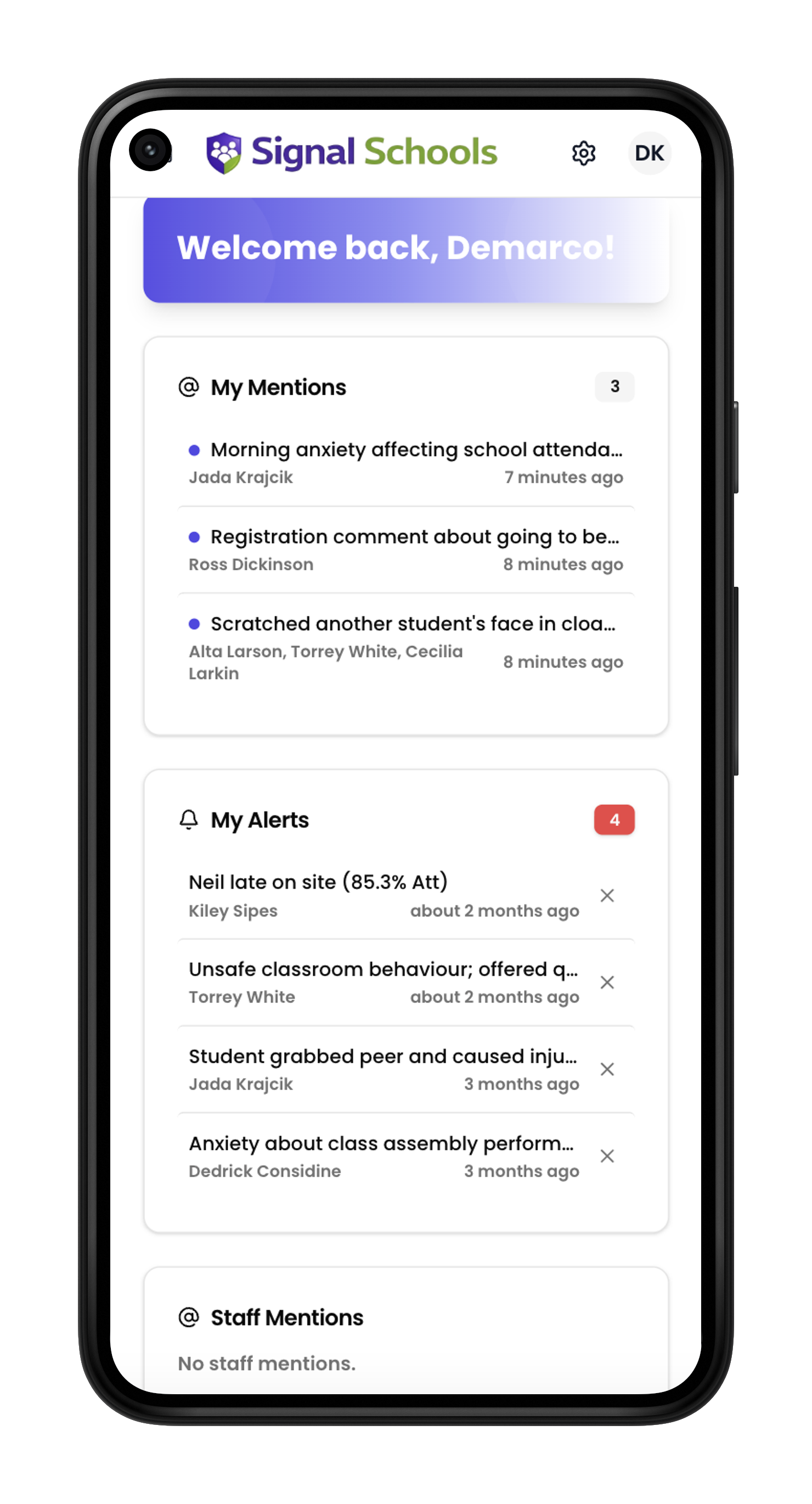 Signal mobile dashboard showing mentions and alerts
